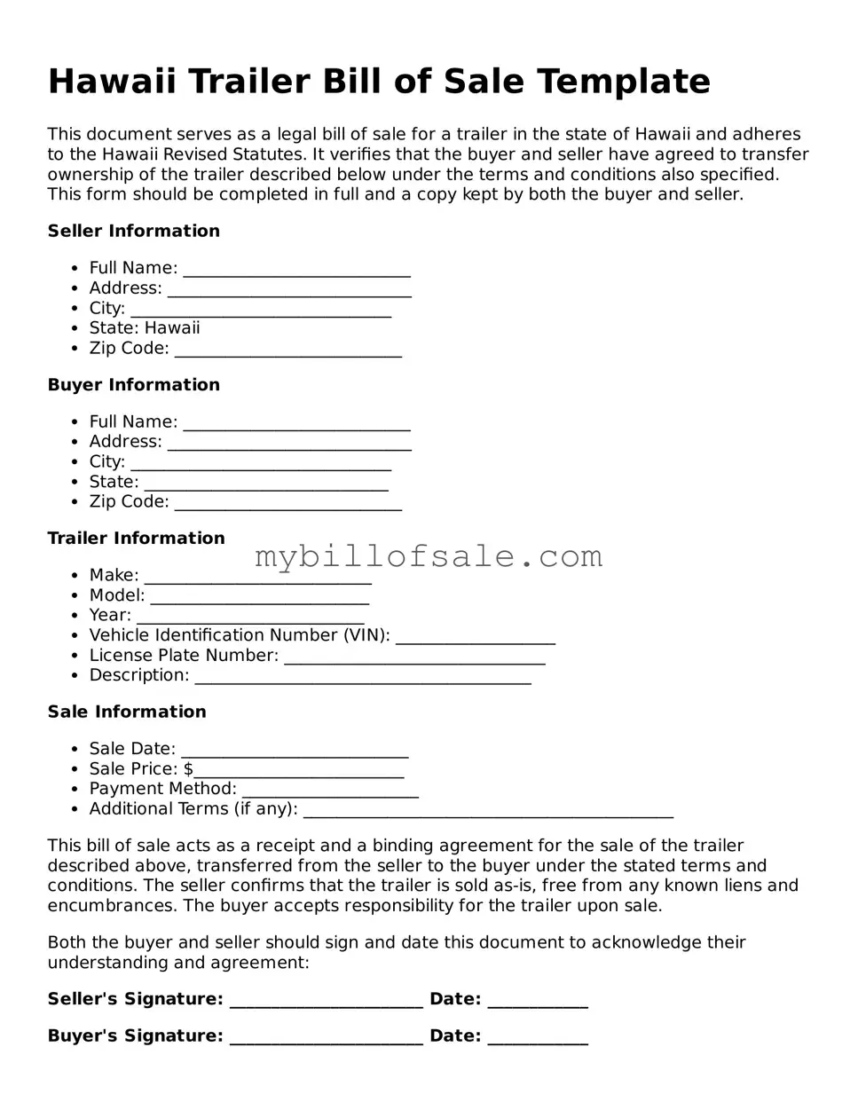 Official Hawaii Trailer Bill of Sale Template