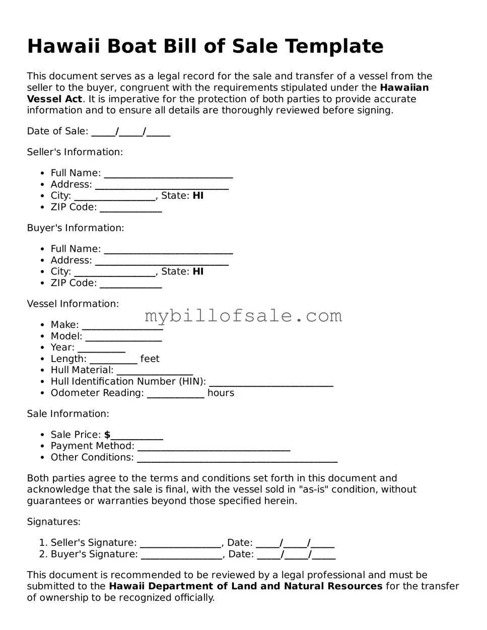 Official Hawaii Boat Bill of Sale Template