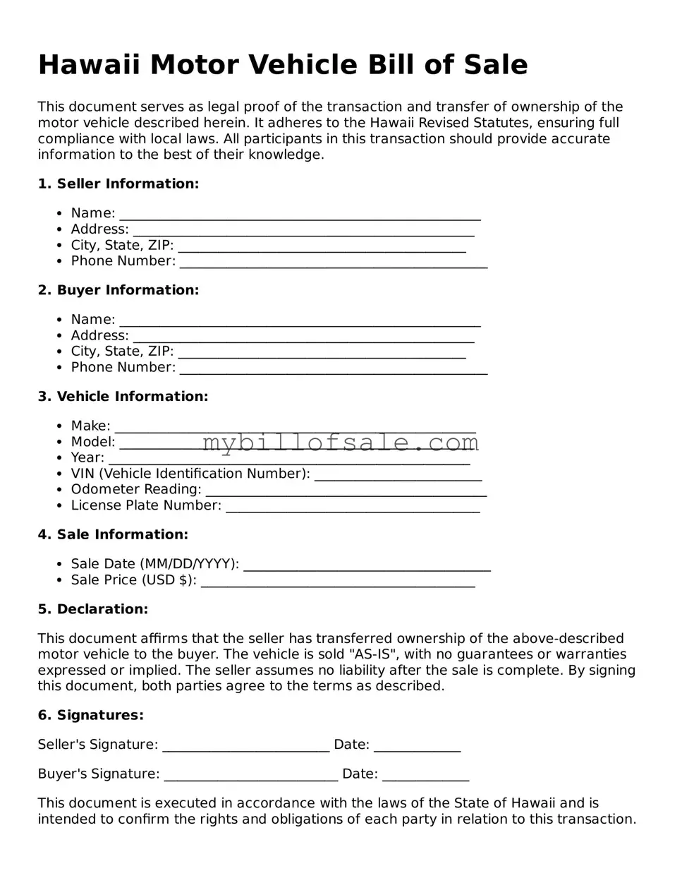Official Hawaii Motor Vehicle Bill of Sale Template