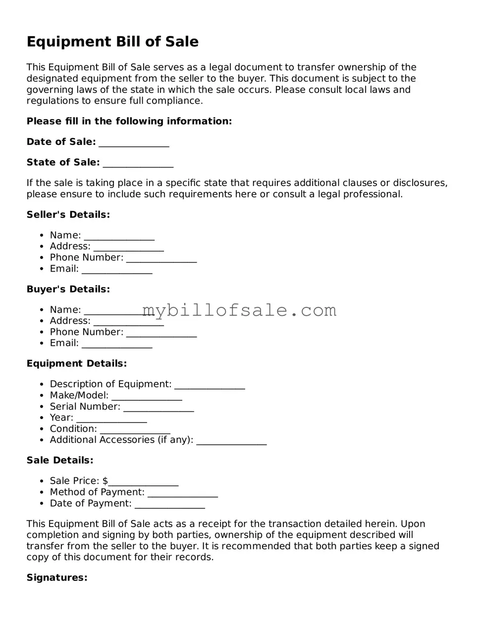 Blank Equipment Bill of Sale Form