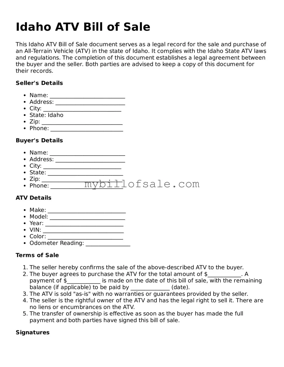 Official Idaho ATV Bill of Sale Template