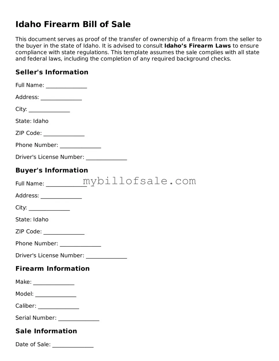 Official Idaho Firearm Bill of Sale Template