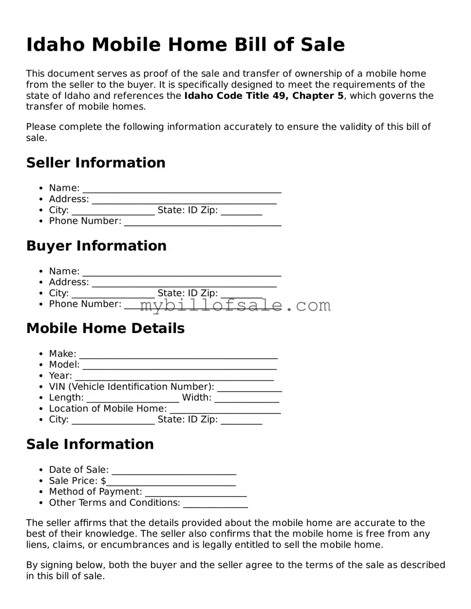 Official Idaho Mobile Home Bill of Sale Template