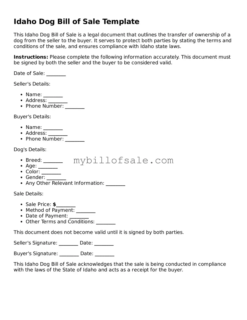Official Idaho Dog Bill of Sale Template