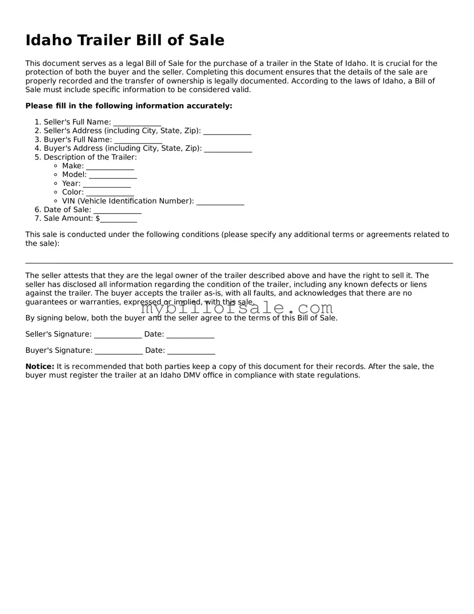 Official Idaho Trailer Bill of Sale Template