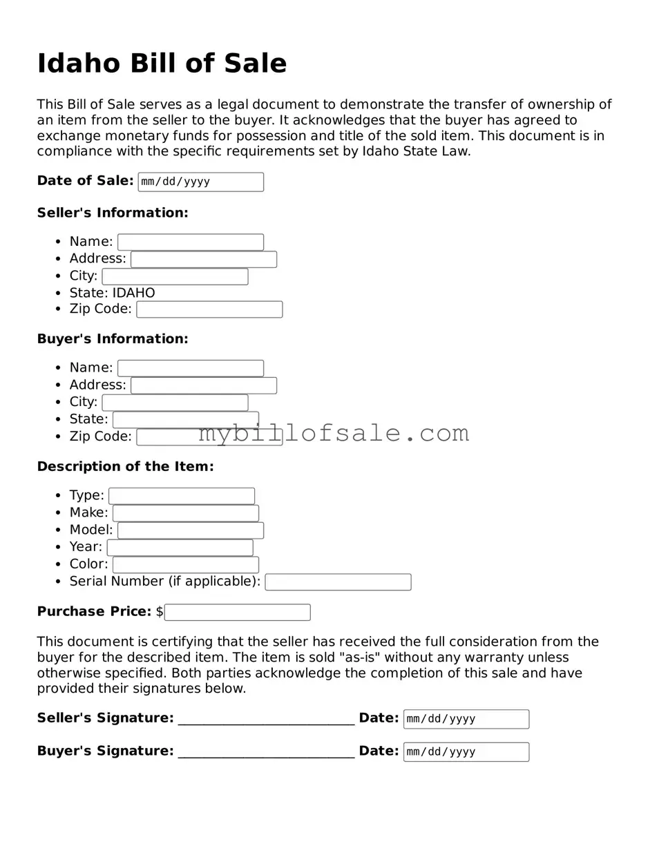 Official Idaho Bill of Sale Template