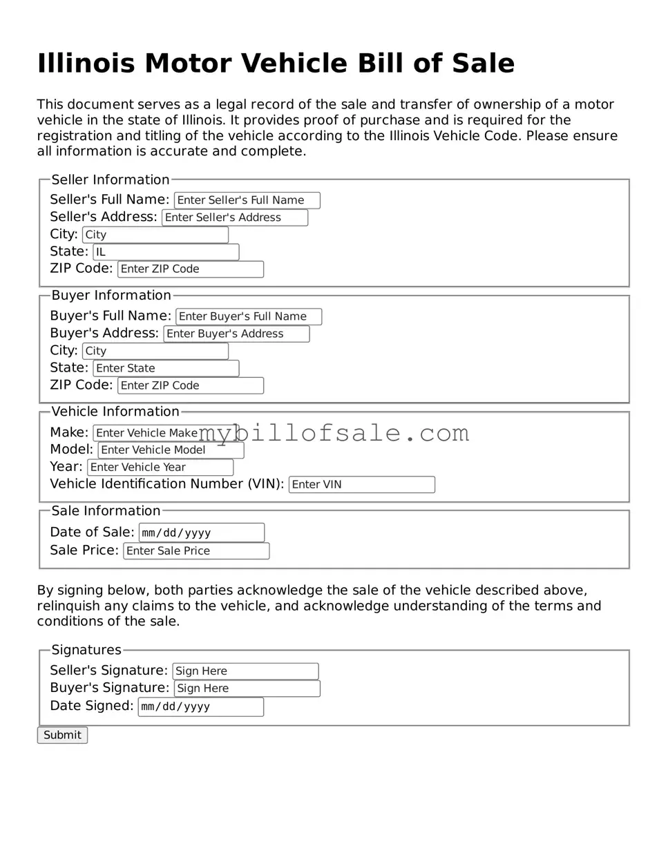 Official Illinois Motor Vehicle Bill of Sale Template