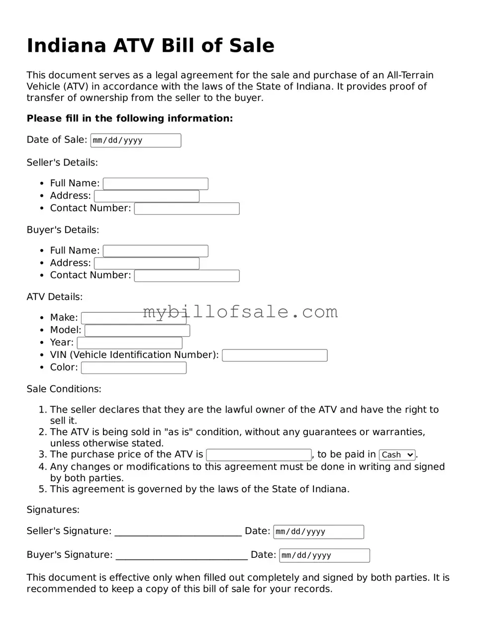 Official Indiana ATV Bill of Sale Template