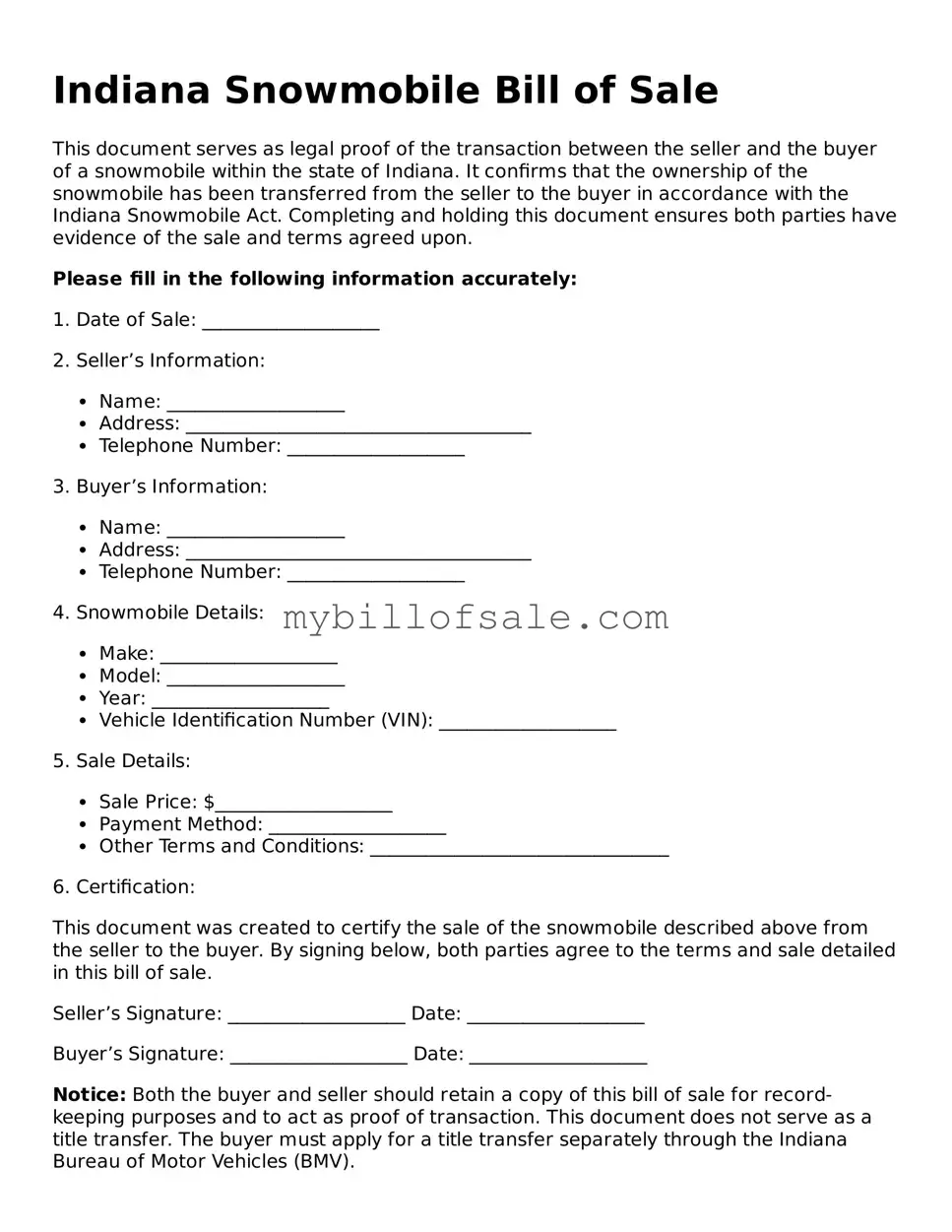 Official Indiana Snowmobile Bill of Sale Template