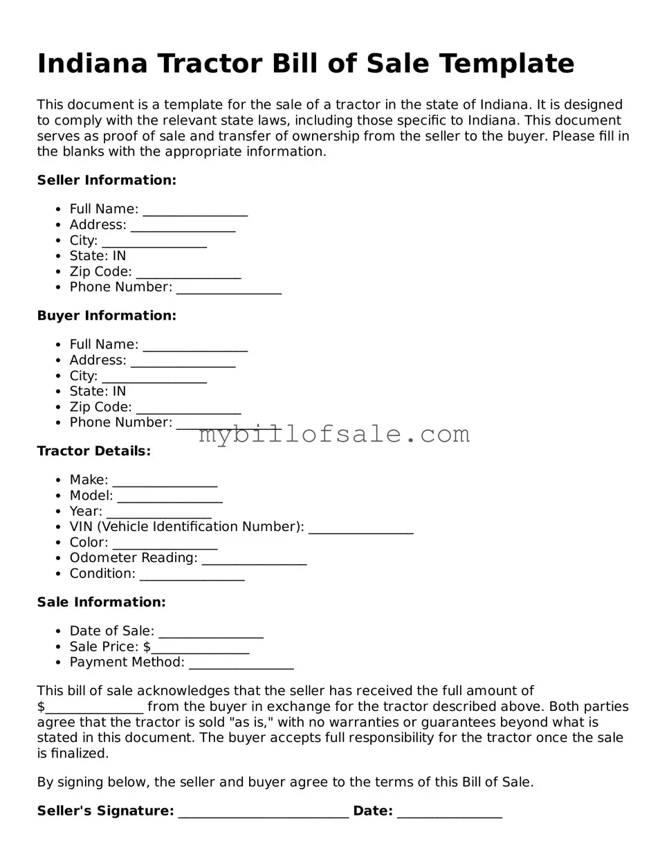 Official Indiana Tractor Bill of Sale Template