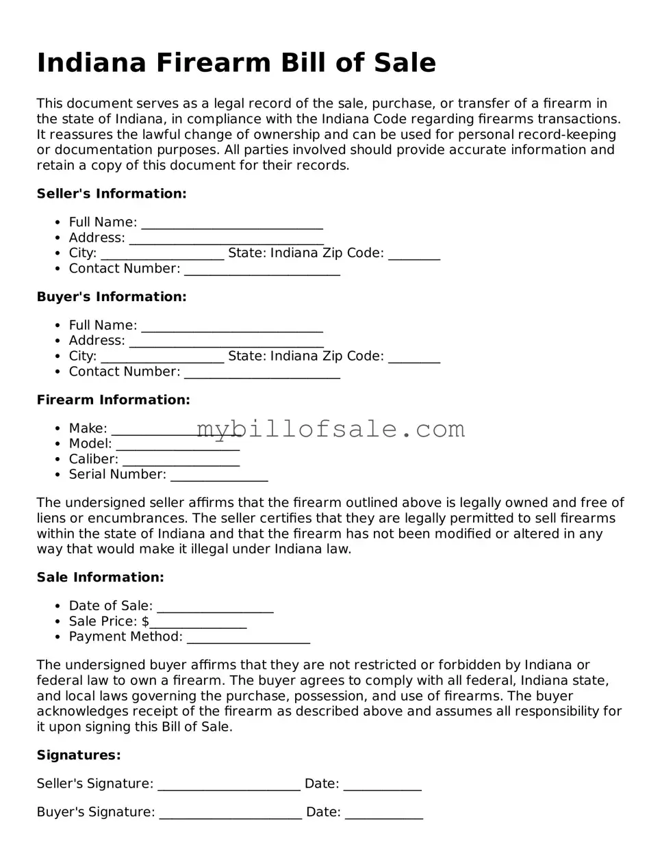Official Indiana Firearm Bill of Sale Template