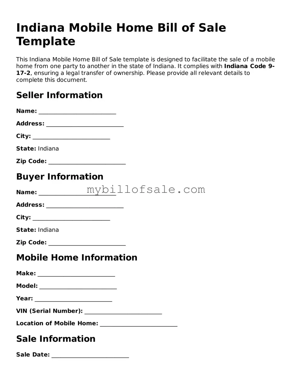 Official Indiana Mobile Home Bill of Sale Template