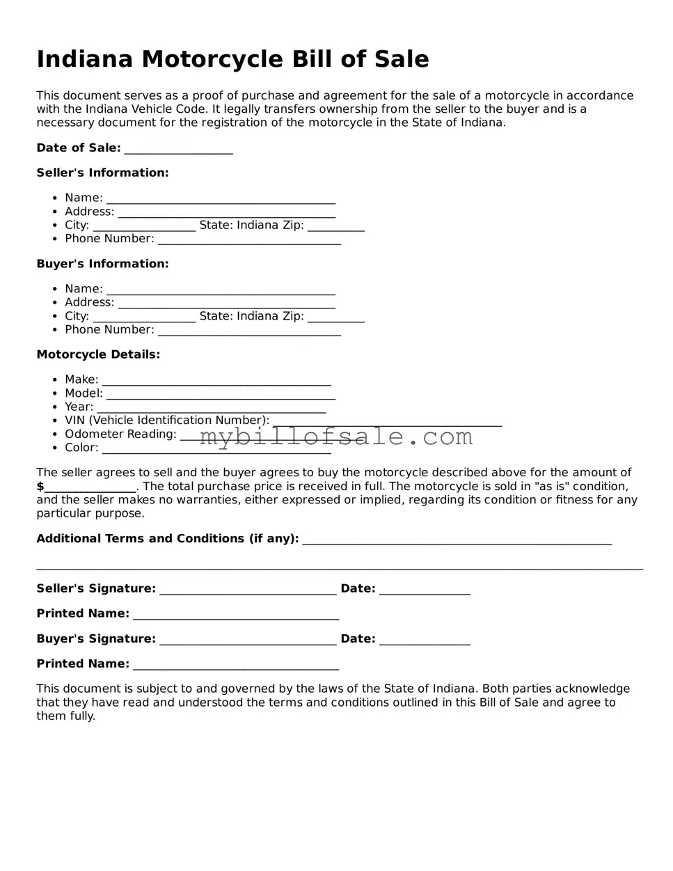Official Indiana Motorcycle Bill of Sale Template