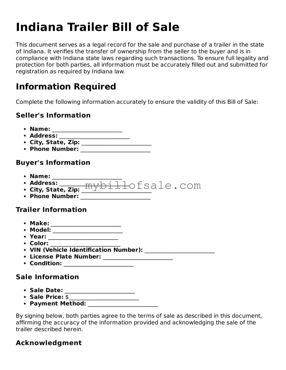 Official Indiana Trailer Bill of Sale Template
