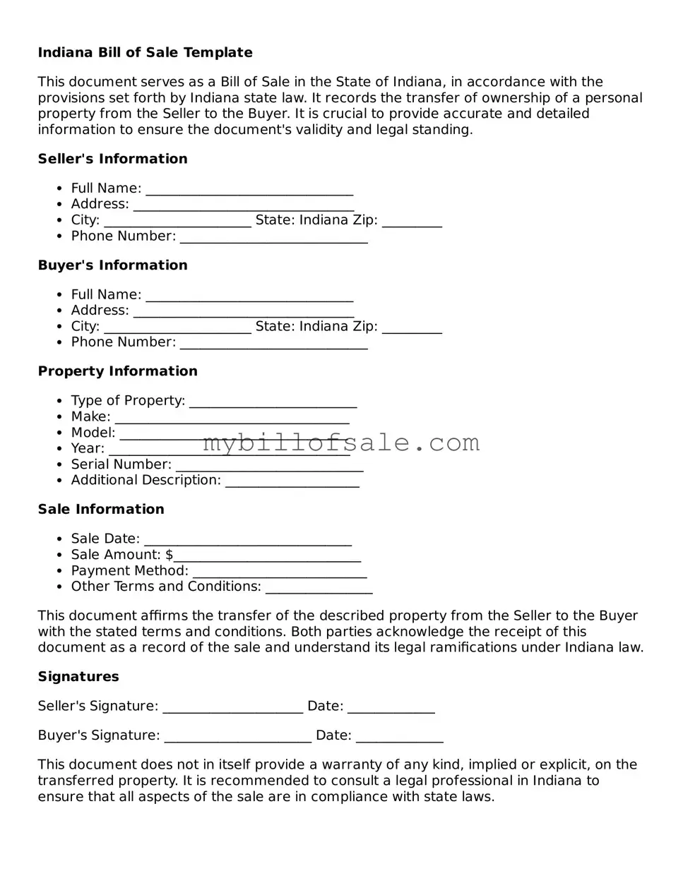Official Indiana Bill of Sale Template