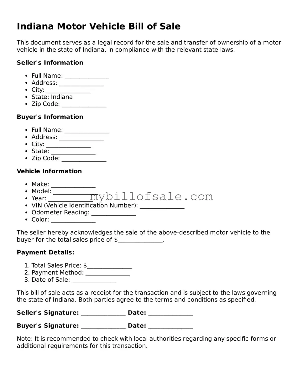 Official Indiana Motor Vehicle Bill of Sale Template