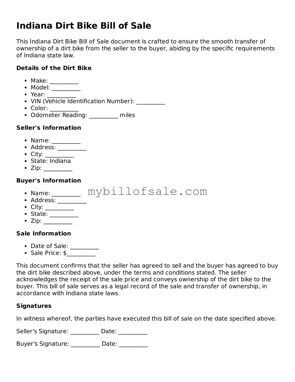 Official Indiana Dirt Bike Bill of Sale Template