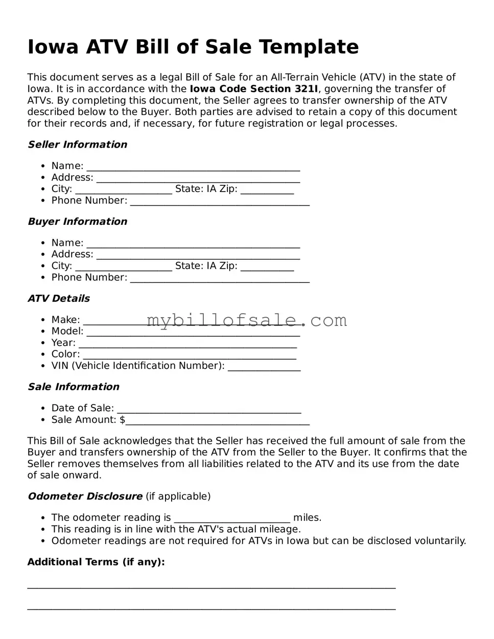 Official Iowa ATV Bill of Sale Template