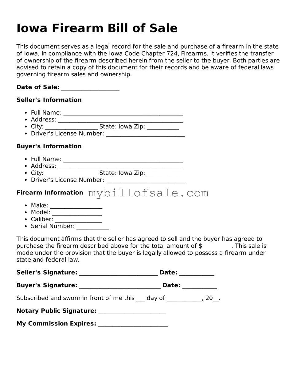 Official Iowa Firearm Bill of Sale Template