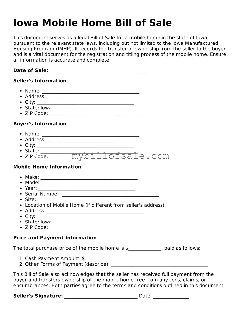 Official Iowa Mobile Home Bill of Sale Template