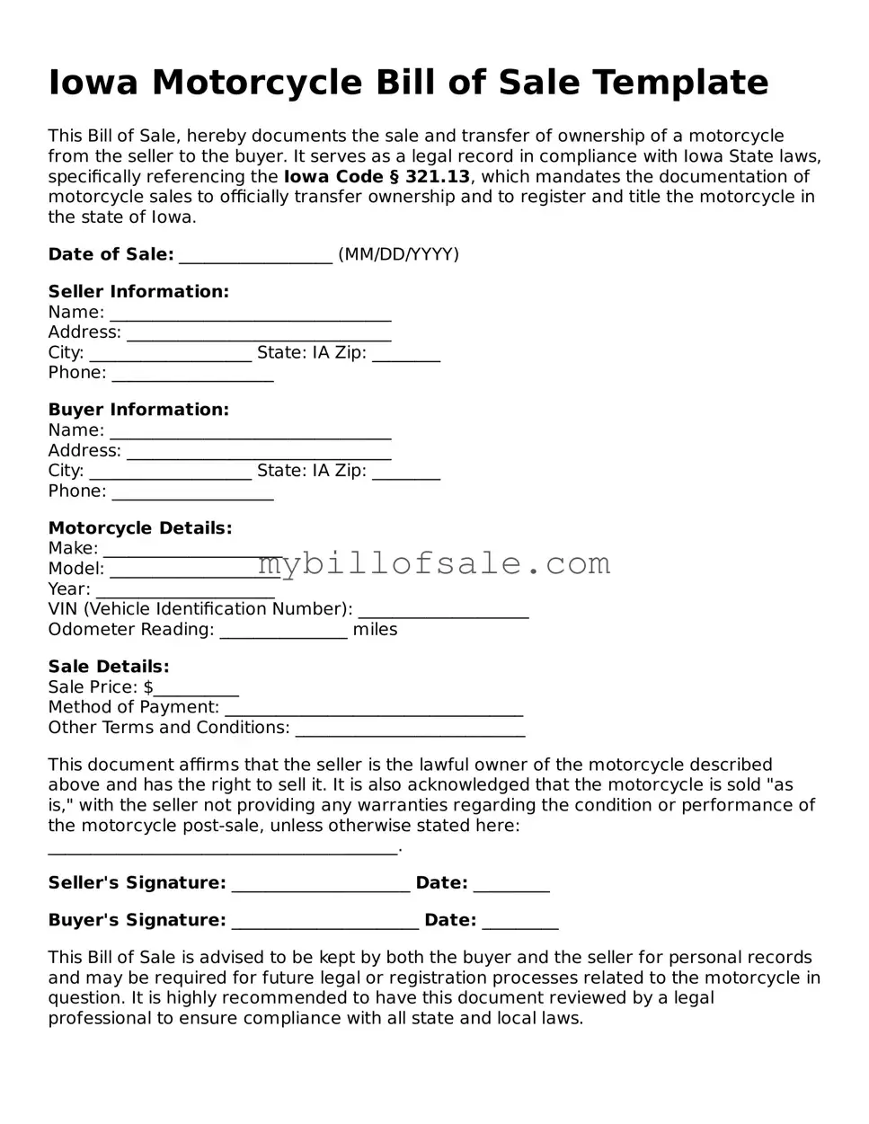Official Iowa Motorcycle Bill of Sale Template