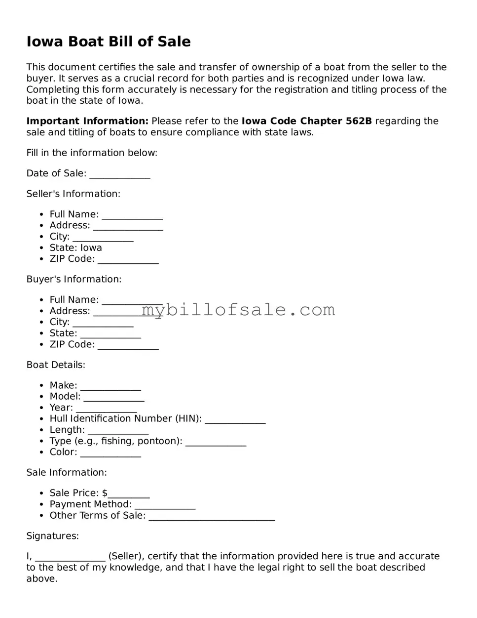 Official Iowa Boat Bill of Sale Template