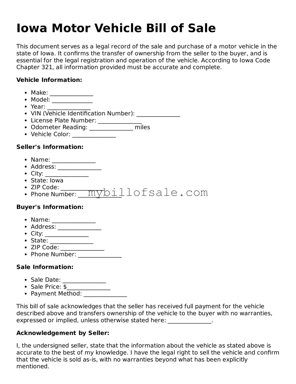 Official Iowa Motor Vehicle Bill of Sale Template