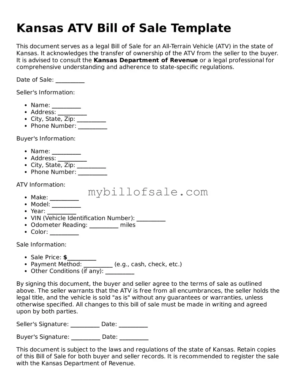 Official Kansas ATV Bill of Sale Template