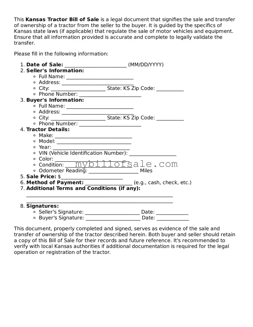Official Kansas Tractor Bill of Sale Template