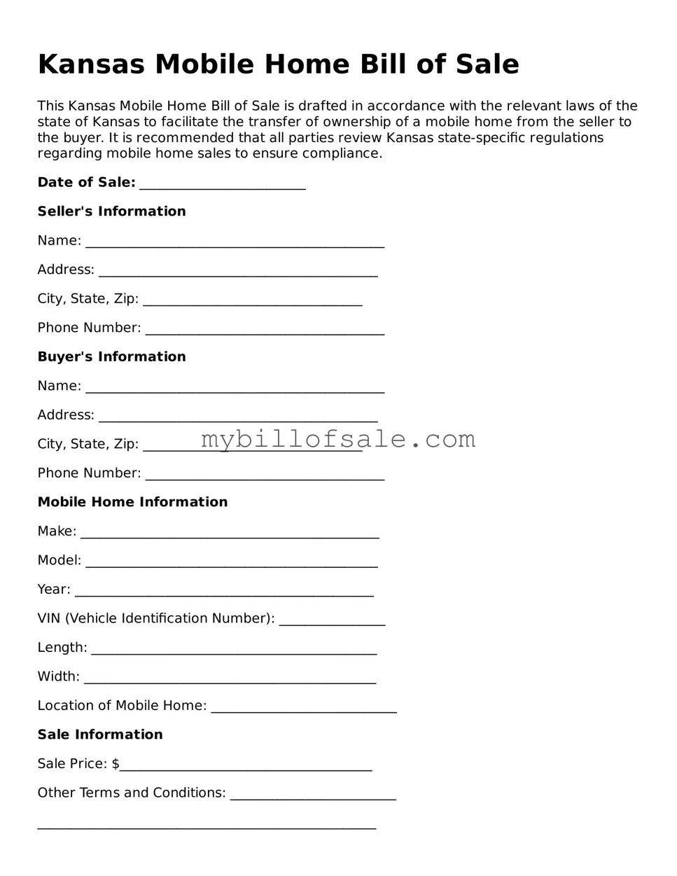 Official Kansas Mobile Home Bill of Sale Template