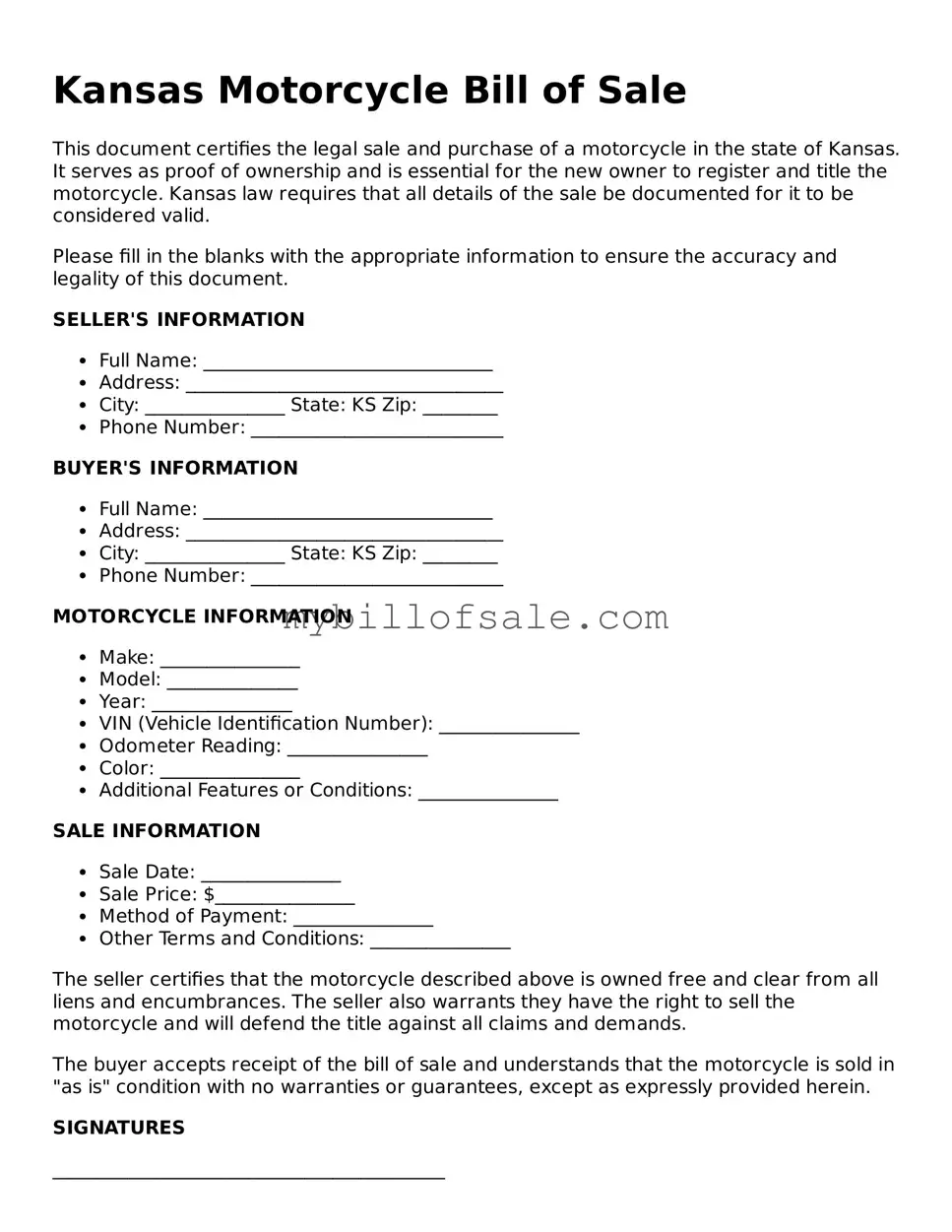 Official Kansas Motorcycle Bill of Sale Template