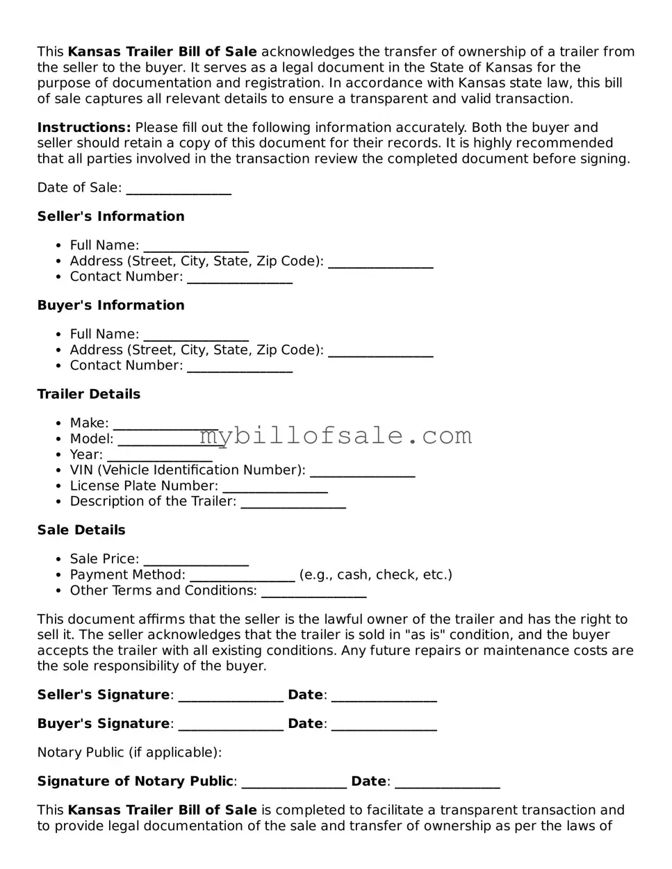 Official Kansas Trailer Bill of Sale Template