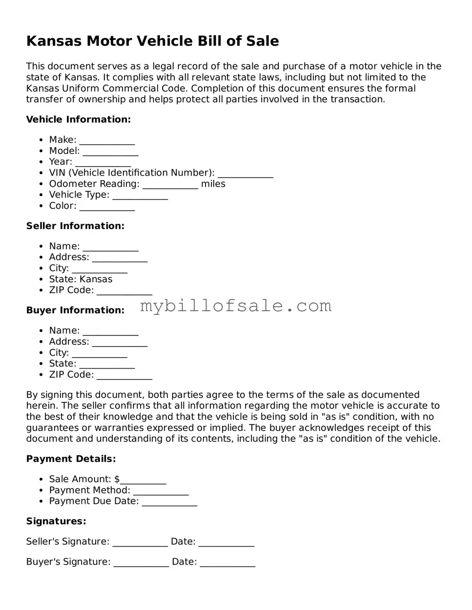 Official Kansas Motor Vehicle Bill of Sale Template