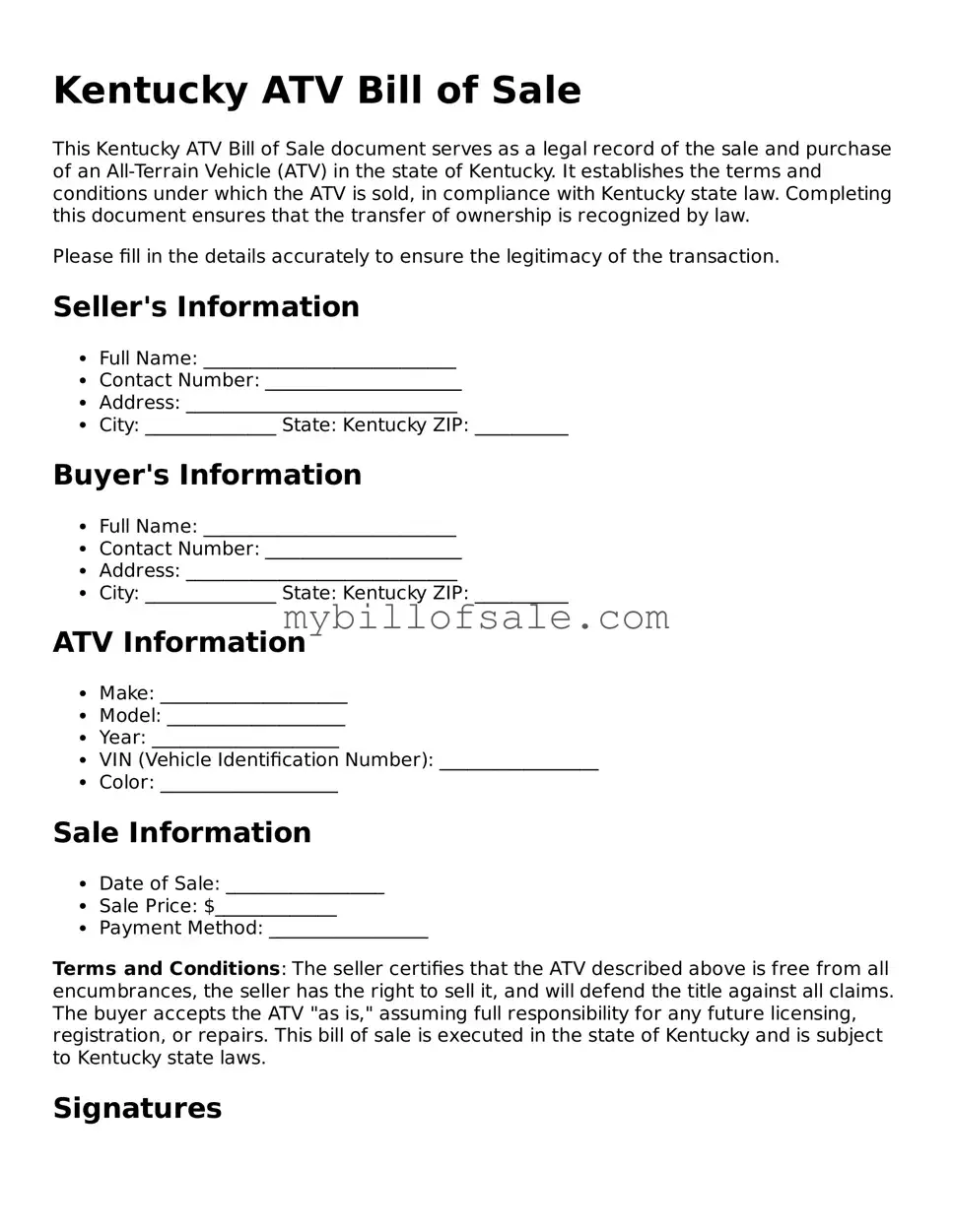 Official Kentucky ATV Bill of Sale Template