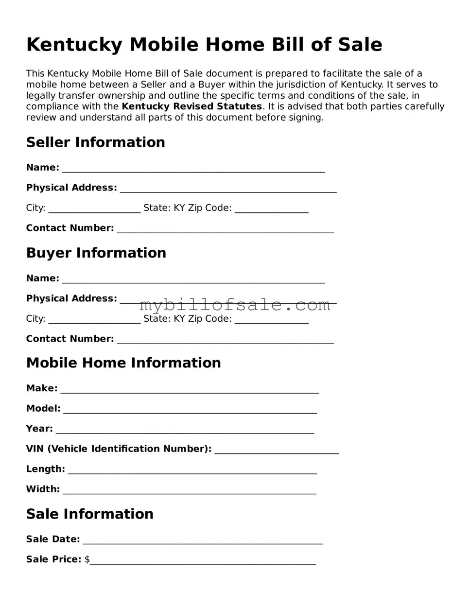 Official Kentucky Mobile Home Bill of Sale Template