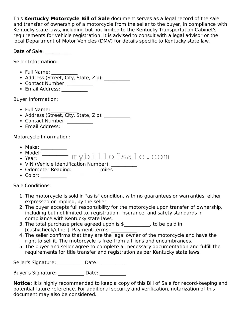 Official Kentucky Motorcycle Bill of Sale Template