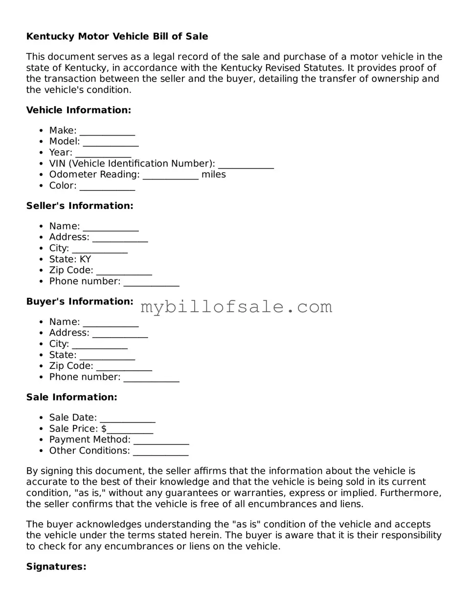 Official Kentucky Motor Vehicle Bill of Sale Template