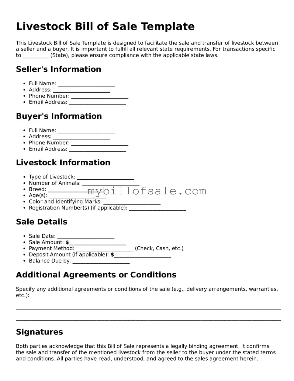 Blank Livestock Bill of Sale Form