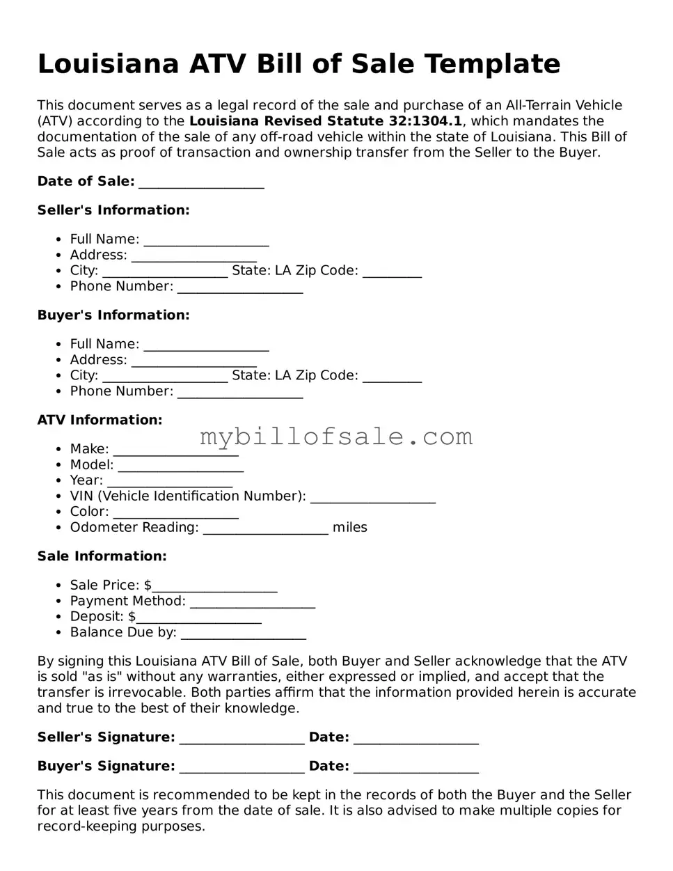 Official Louisiana ATV Bill of Sale Template