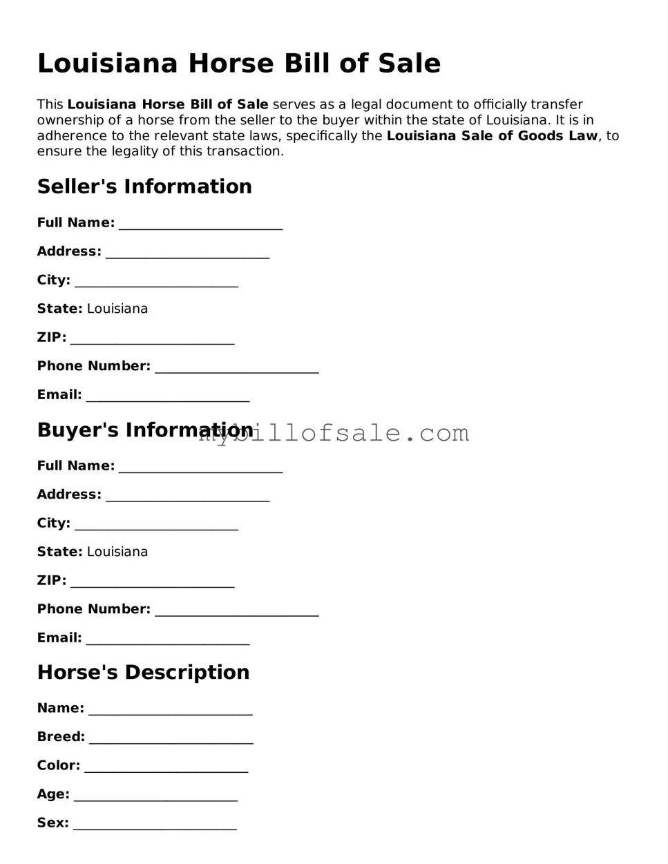 Official Louisiana Horse Bill of Sale Template