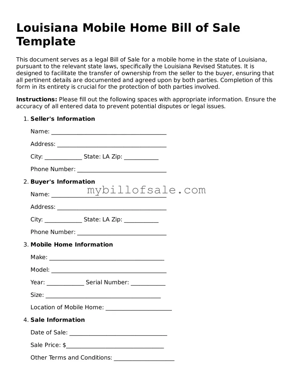 Official Louisiana Mobile Home Bill of Sale Template