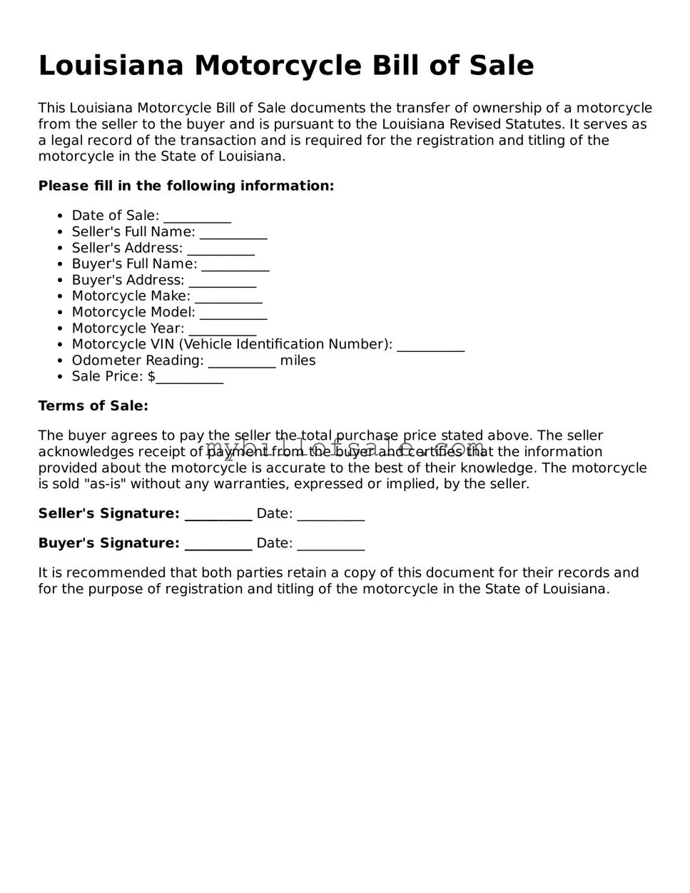 Official Louisiana Motorcycle Bill of Sale Template