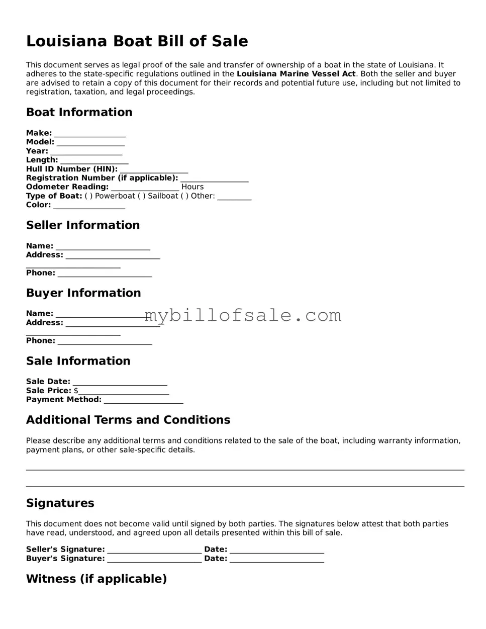 Official Louisiana Boat Bill of Sale Template