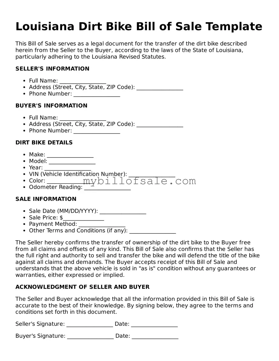 Official Louisiana Dirt Bike Bill of Sale Template