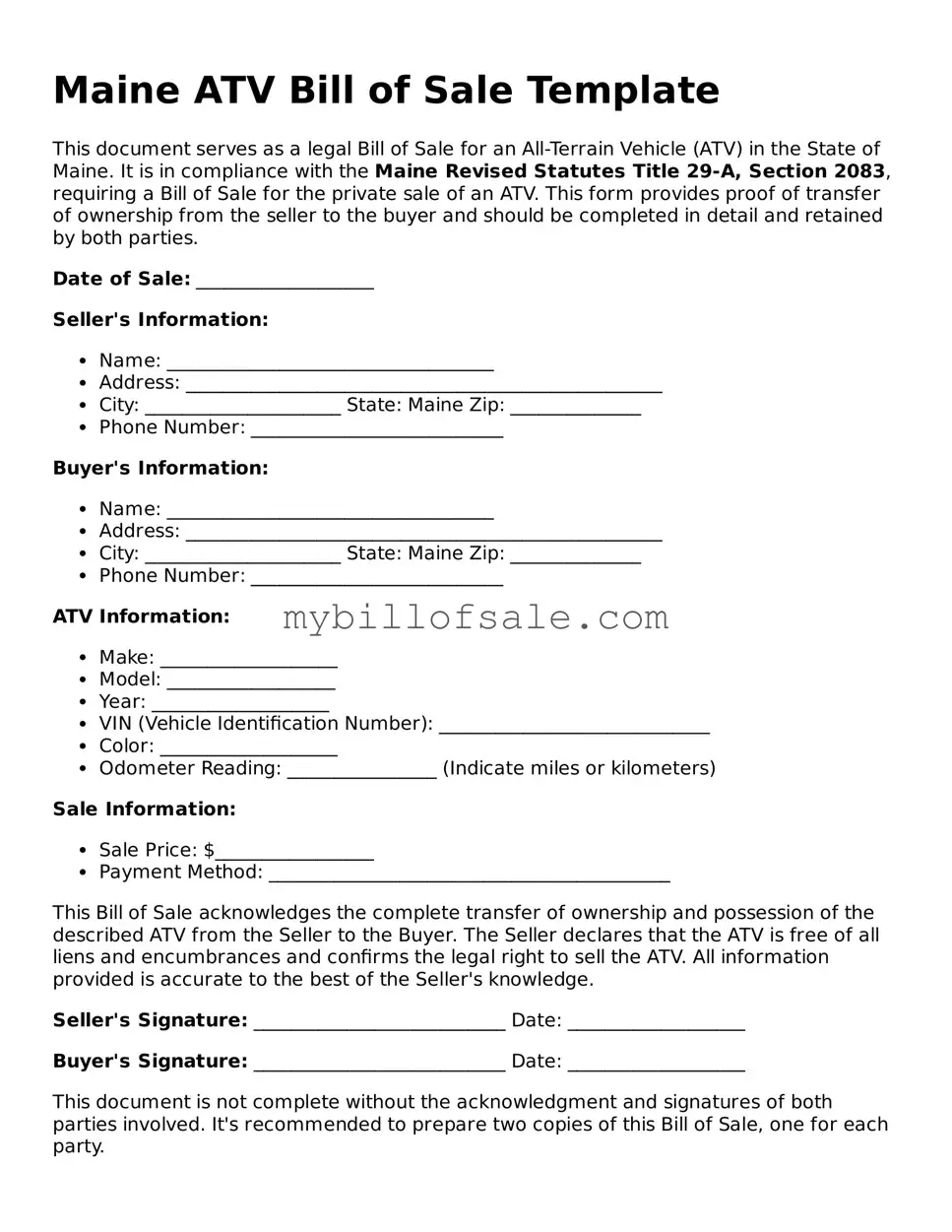 Official Maine ATV Bill of Sale Template