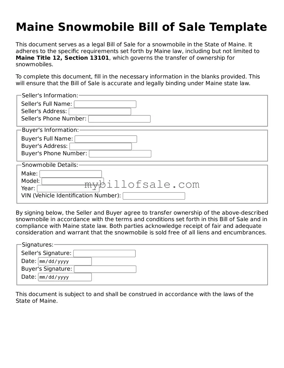 Official Maine Snowmobile Bill of Sale Template