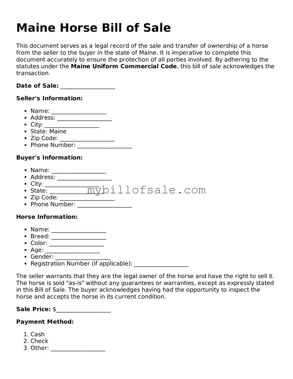 Official Maine Horse Bill of Sale Template