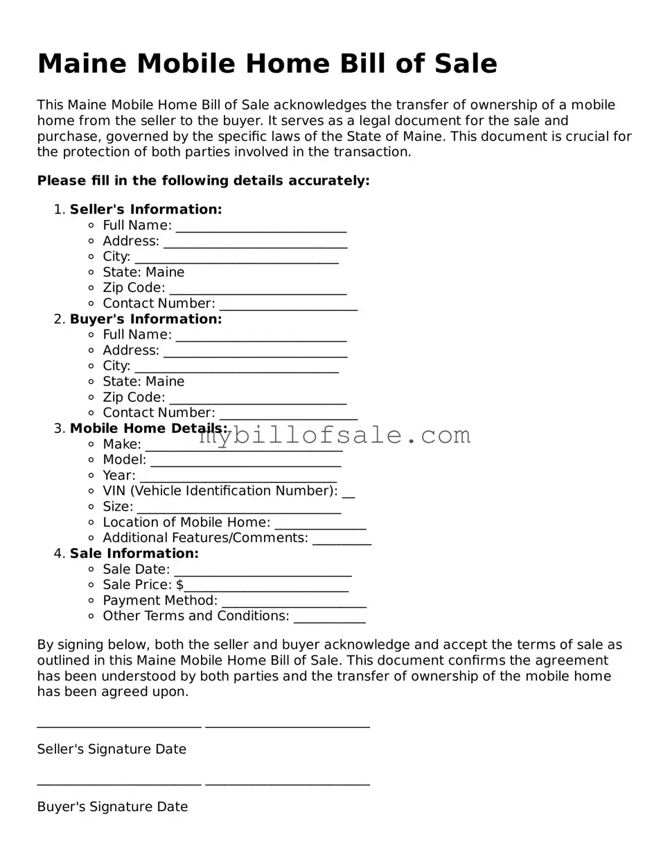 Official Maine Mobile Home Bill of Sale Template