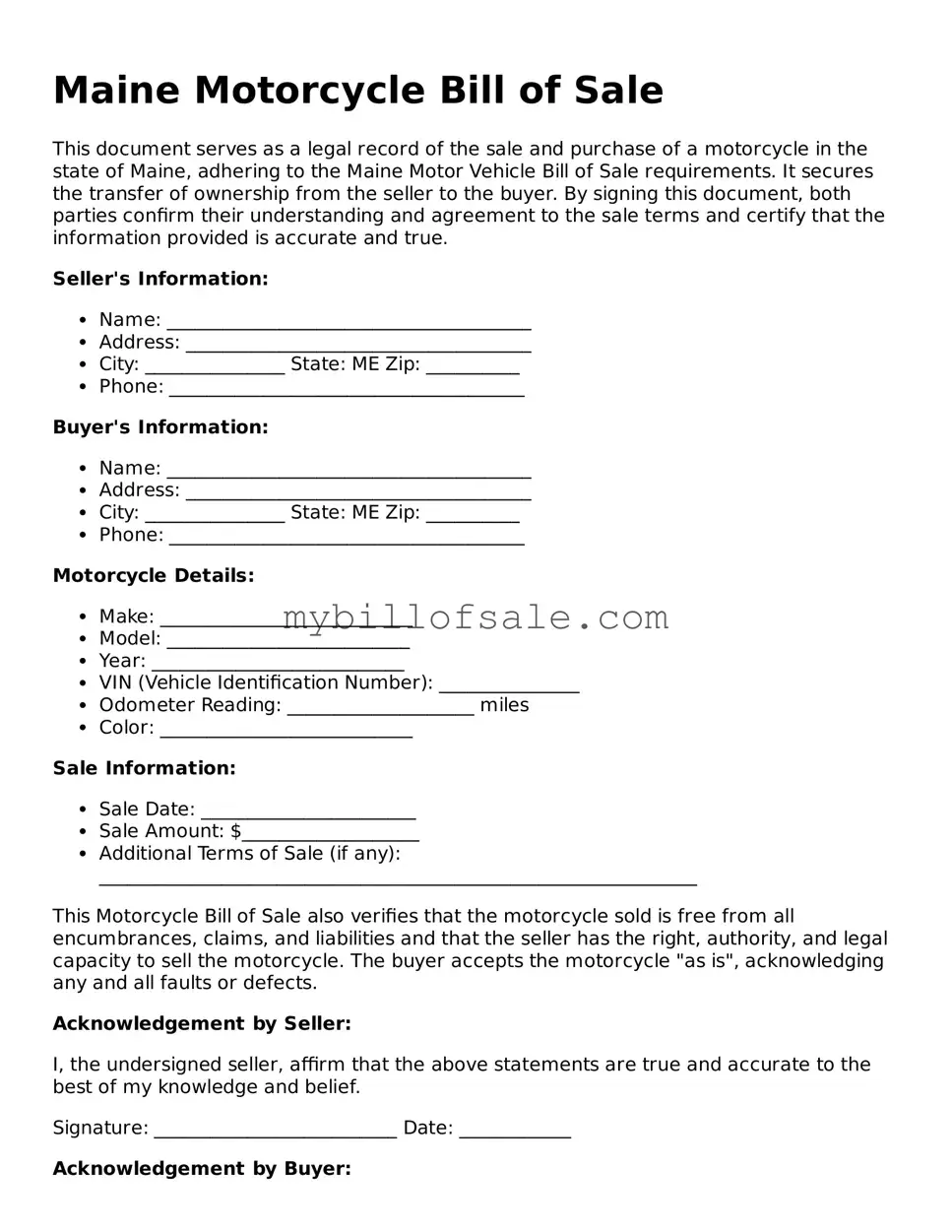 Official Maine Motorcycle Bill of Sale Template