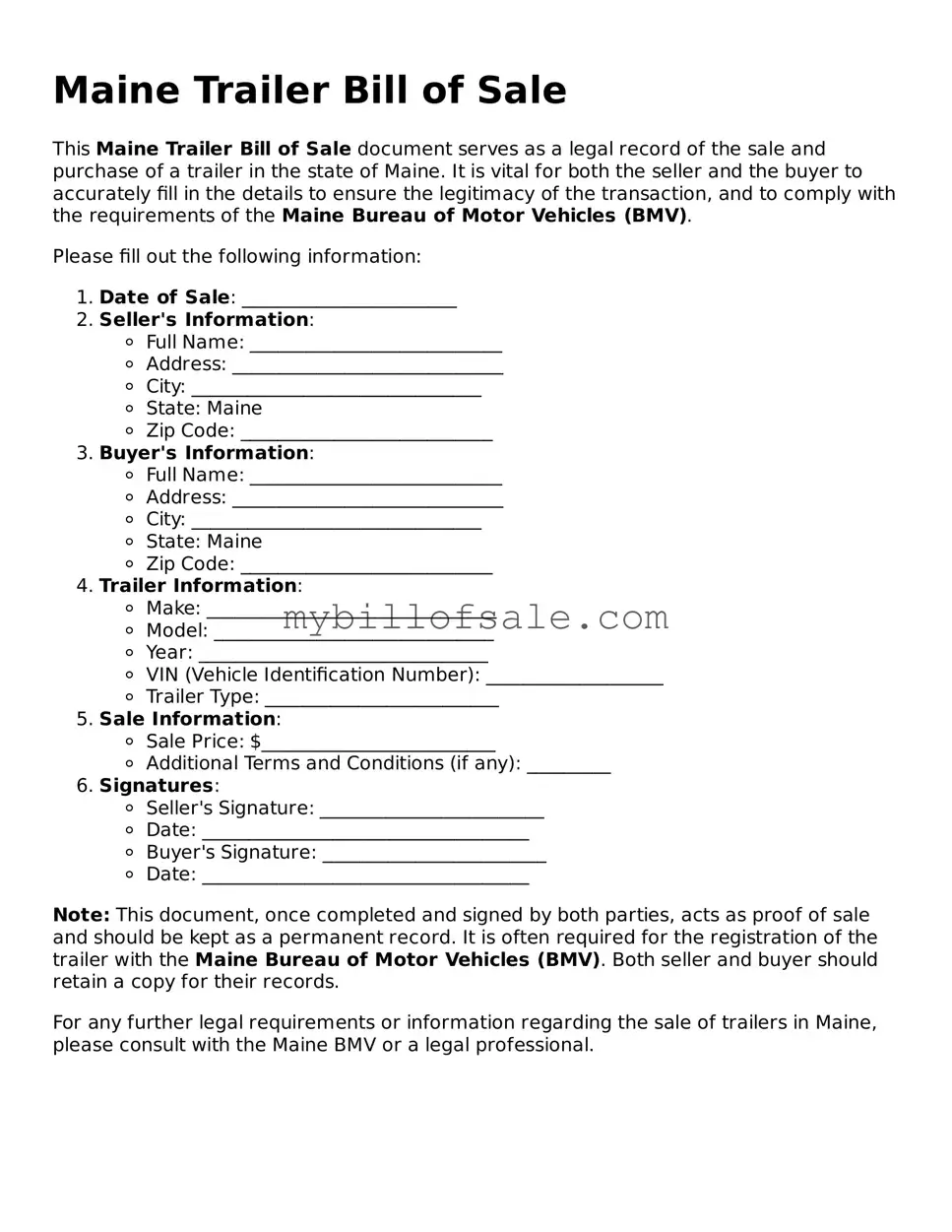 Official Maine Trailer Bill of Sale Template